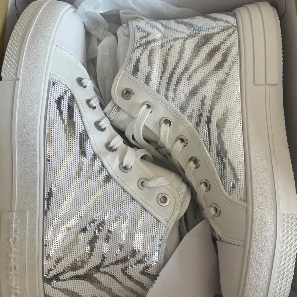 Michael Kors Silver and White High-Top zebra sequin Sneakers size 10